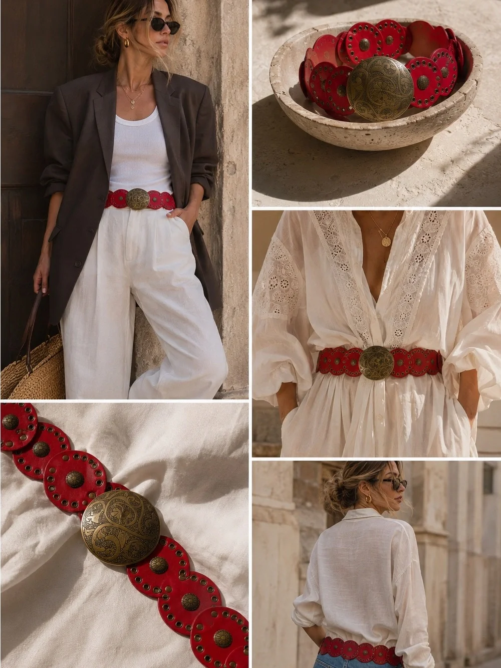 Red Boho Statement Disc Belt with Antique Gold-Tone Buckle